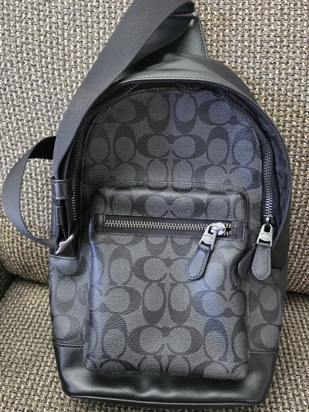 COACH Men's Black Signature Canvas Sling Backpack